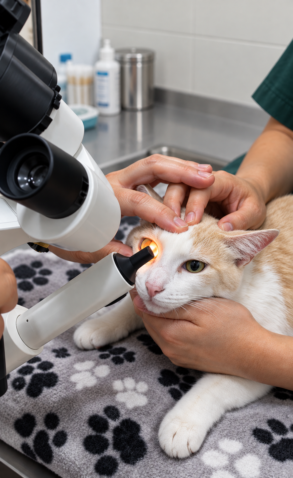Veterinaria examinando los ojos de un gato con equipo de oftalmología en Casa Campo